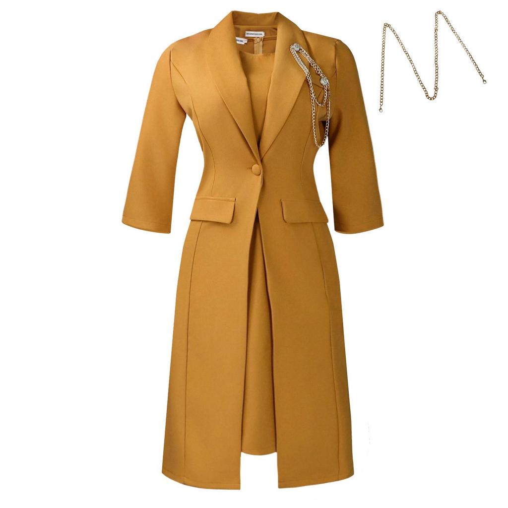 D610 Women's Elegant Stretchy Slim Fit Solid Color Suit Jacket & Camisole Dress: African Fashion Two-Piece Set