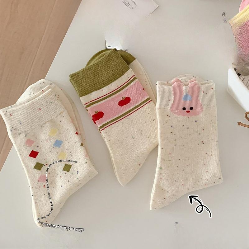 Polka Dot Yarn Boneless Socks for Women, Spring and Autumn Versatile Cartoon Mid-calf Socks, Sweat-absorbing and Odor-proof Boneless Long Socks