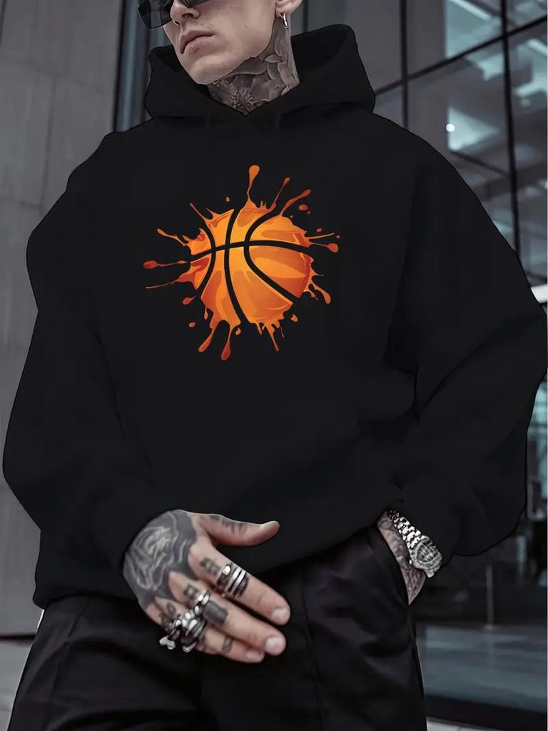 Herren lässiges Kapuzensweatshirt - leuchtend rot BRO Basketballmuster Aufdruck, langärmeliger Pullover mit Vordertasche, maschinenwaschbar