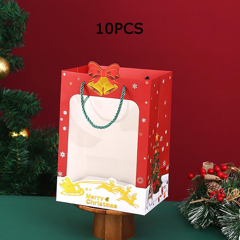 WTEMPO 10PCS, 8*14*18CM, Christmas Paper Handbags, Hot Stamping Christmas Eve Gift Packaging Bags, Transparent Window Gift Display Bags
