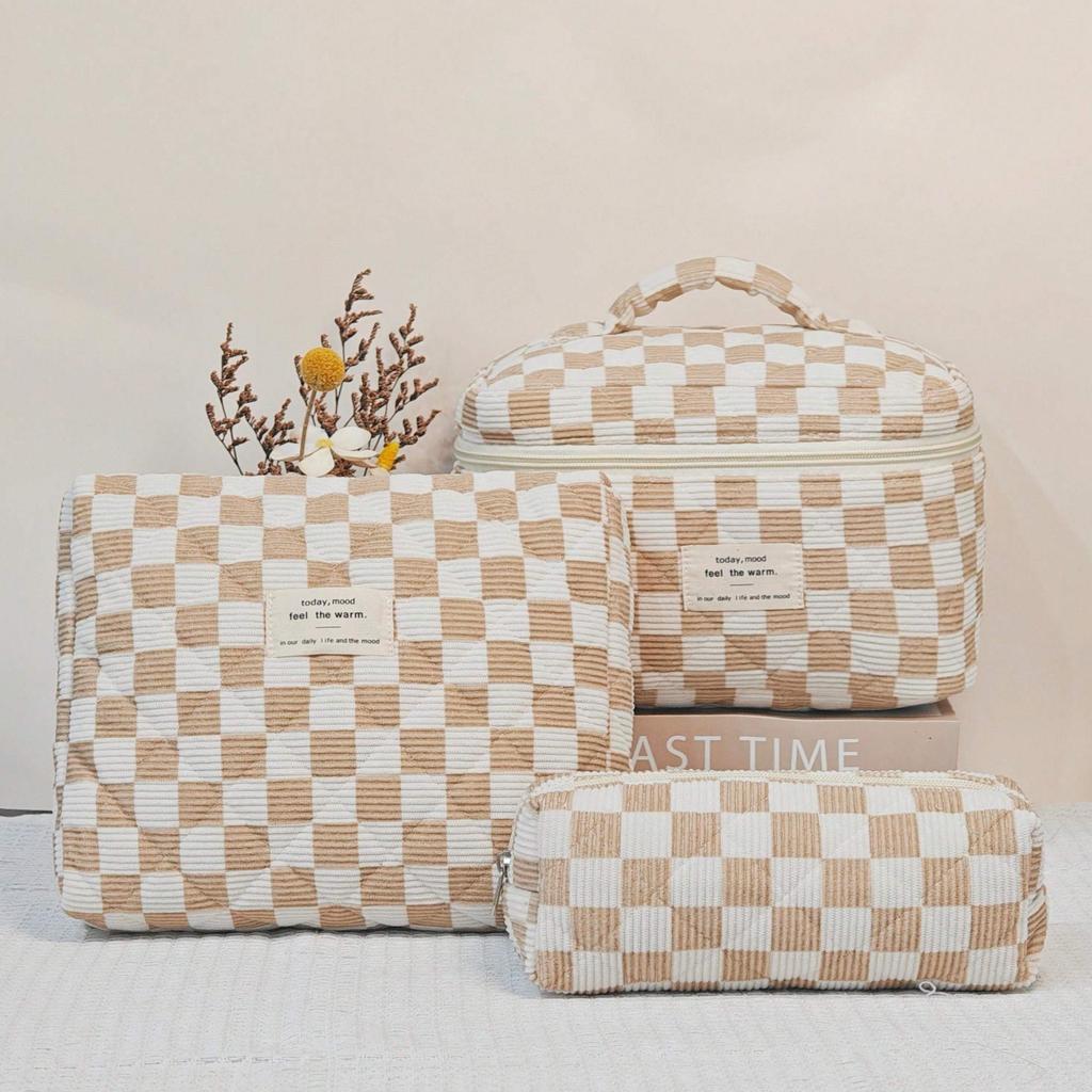 Simple Premium Makeup Bag In Checkered Pattern, Multifunctional Makeup Storage Bag Tote Bathroom Shower Purse Bag Portable Makeup Brush Clutch Bag