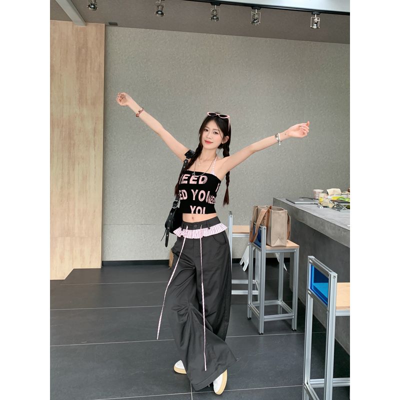 Kumikumi American Style Gyaru Letters Print Halter Top Sling Women clothes Summer Slimming Casual Pants Two-piece Set