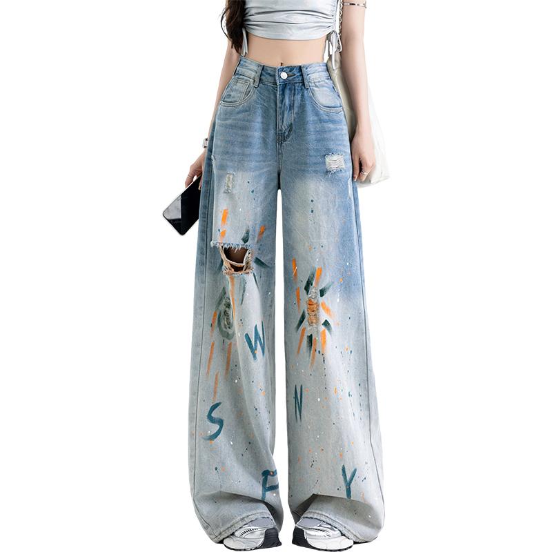 Pantaloni di Jeans a Vita Alta Strappati Gamba Larga Elasticizzati Comodi Street Fashion