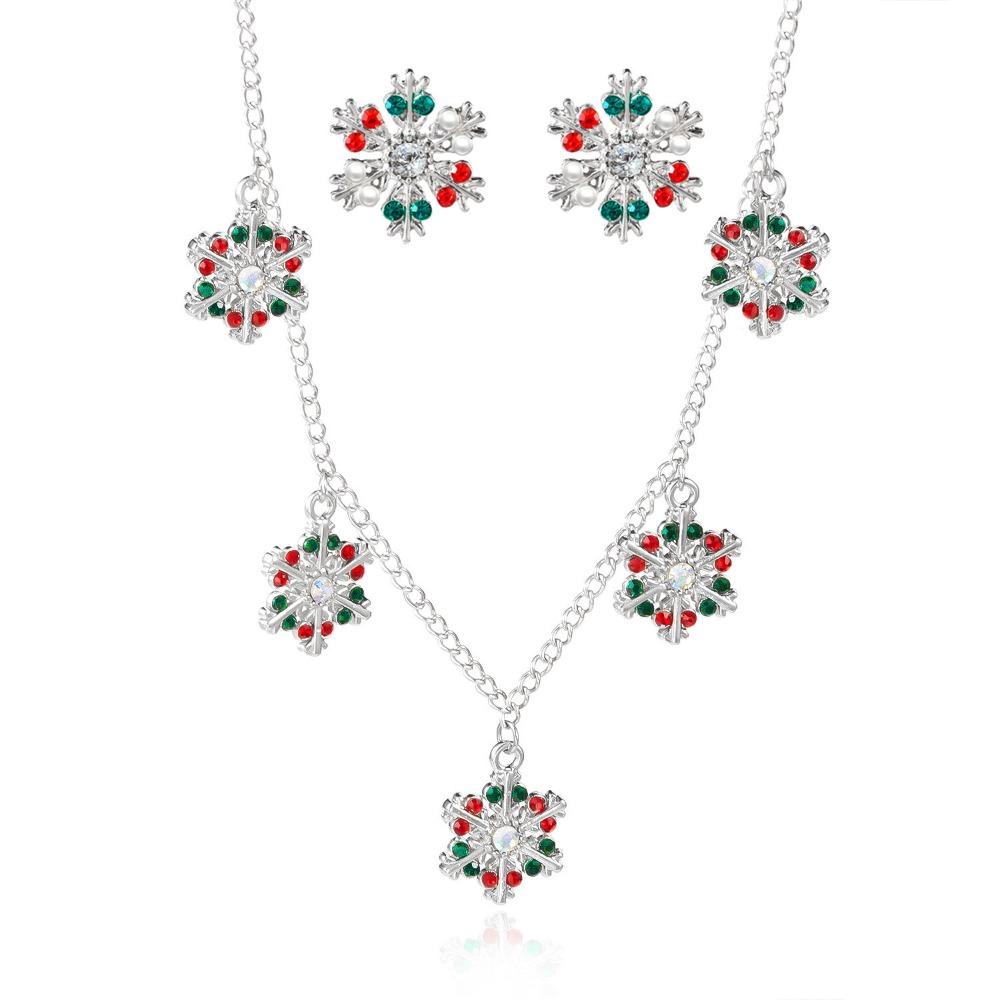 Zinc Zinc Zinc Alloy Xmas Dangle Earrings Rhinestone Snowflake Necklace Christmas Jewelry Set  Gift
