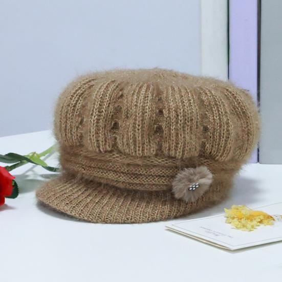 Women Knitting Hat Extended Brim Thickened Plush Winter Hat Solid Color Flower Decor Warm Hat Fashion Accessories