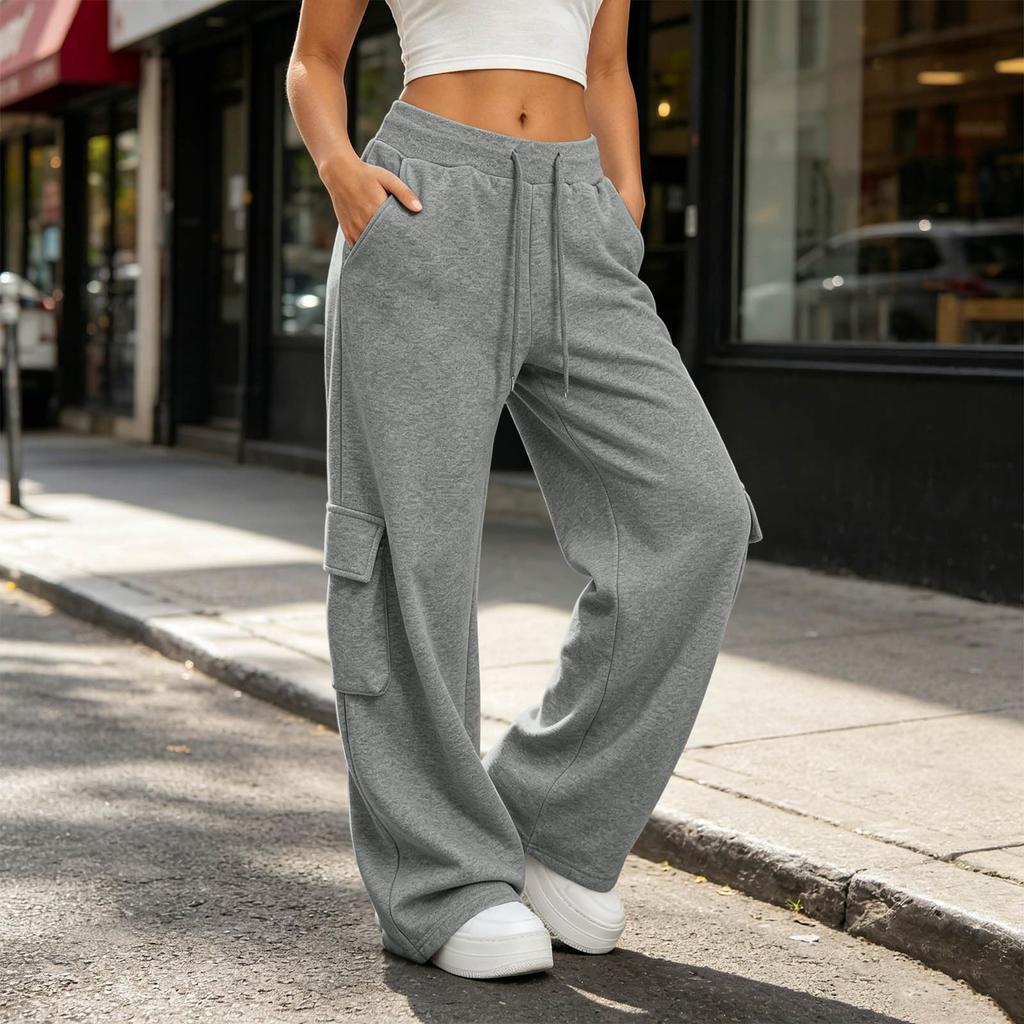 Women Casual Wide Leg Sweatpants with Pockets Drawstring Waistband Loose Fit Cargo Style Lounge Pants for Everyday Wear