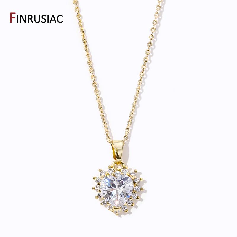

Luxury CZ Stone Heart Leaf Pendant Necklace For Women Korean Fashion 18K Gold Color Brass Neck Chain Female Party Gift