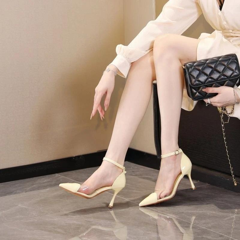 Fashion New Women's High Heel pumps Pointed Transparent Belt Buckle Ladies Single Shoes Dress Shoes Rose Color 34 - 39