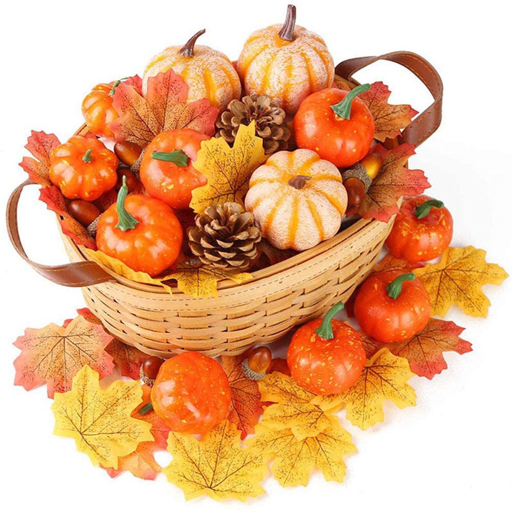 

Autumn Pumpkin Decor Set: Realistic Mini Pumpkins, Pinecone & Maple Leaves