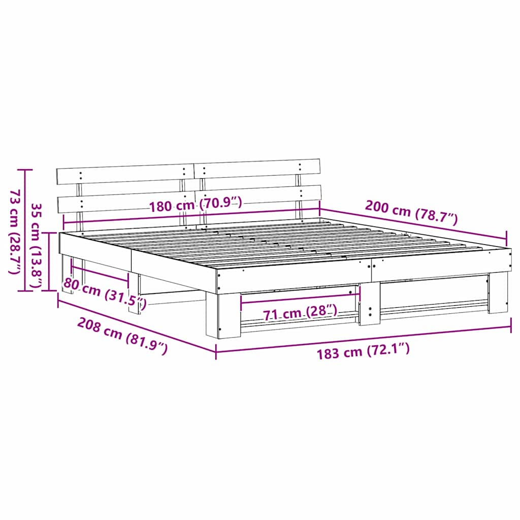 White Bed Frame with Headboard 180 x 200 cm Solid Pine Wood