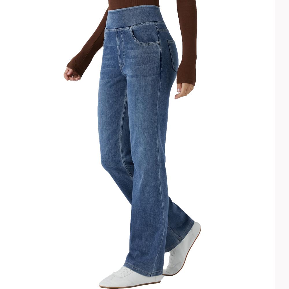 Shascullfites High Waisted Tummy Control Bootcut Jeans Blue Washed Stretchy Knit Casual Multiple Pockets Pull-On Petite Jeans