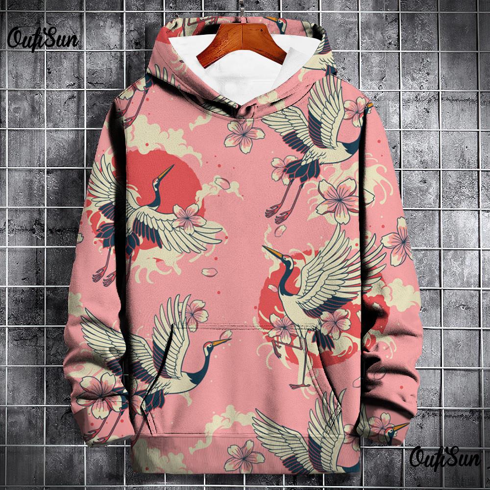 Animal Hoodies For Men 3d Crane Print High-Quality Men Clothing Daily Casual Long Sleeved Loose Oversized Pullover Harajuku Tops