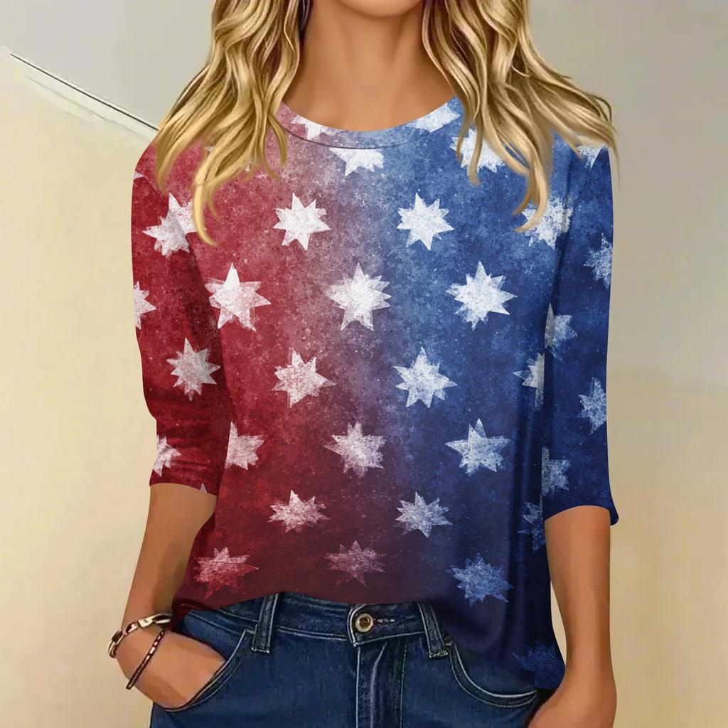 Haut t-shirt décontracté tendance pour femme, col rond, manches trois-quarts, imprimé Fête de l'Indépendance