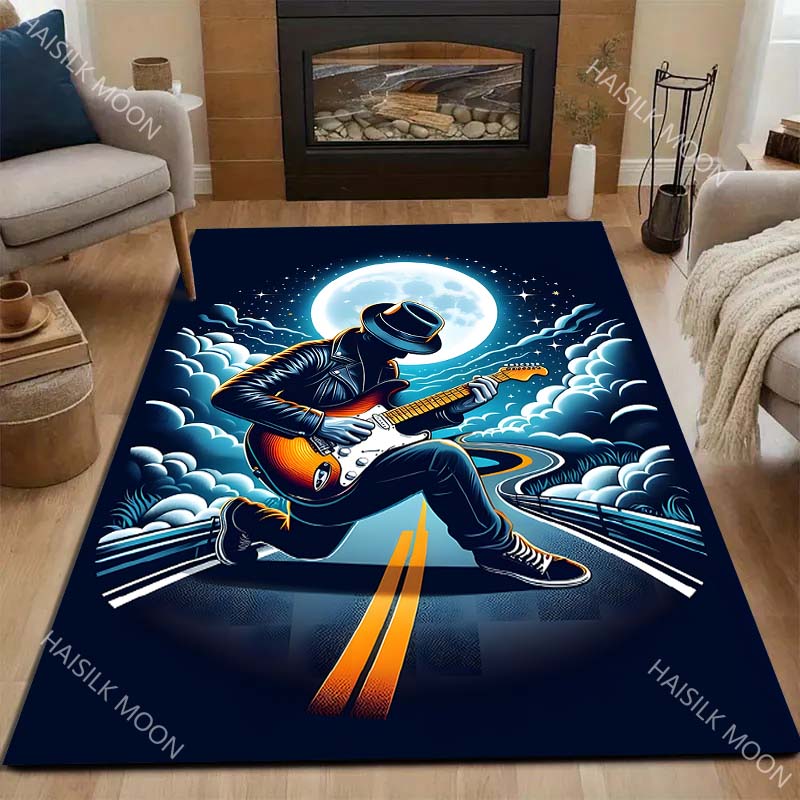 Mehrere Größen Gitarrist unter Vollmond Teppich für Wohnzimmer Schlafzimmer Sofa Heimdekoration Rus Rutschfeste Bodenmatte Luxusgeschenk