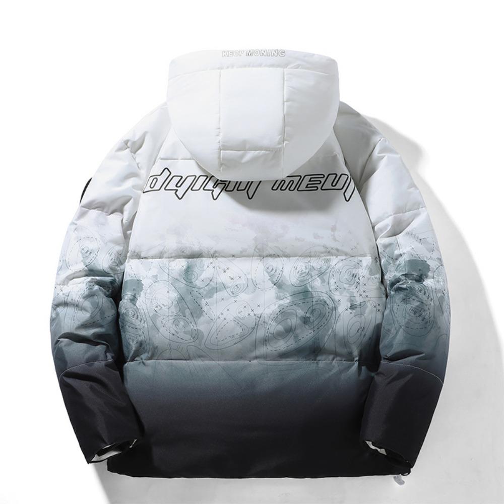 New down jacket men and women with the same couple short hooded snow mountain gradual change color