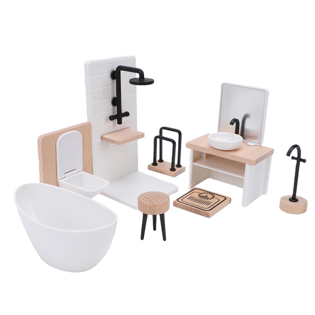 1:12 Scale Miniature Dollhouse Bathroom Set Mini Shower Room Toilet Sink Bathtub Stool Faucet Furniture Accessories