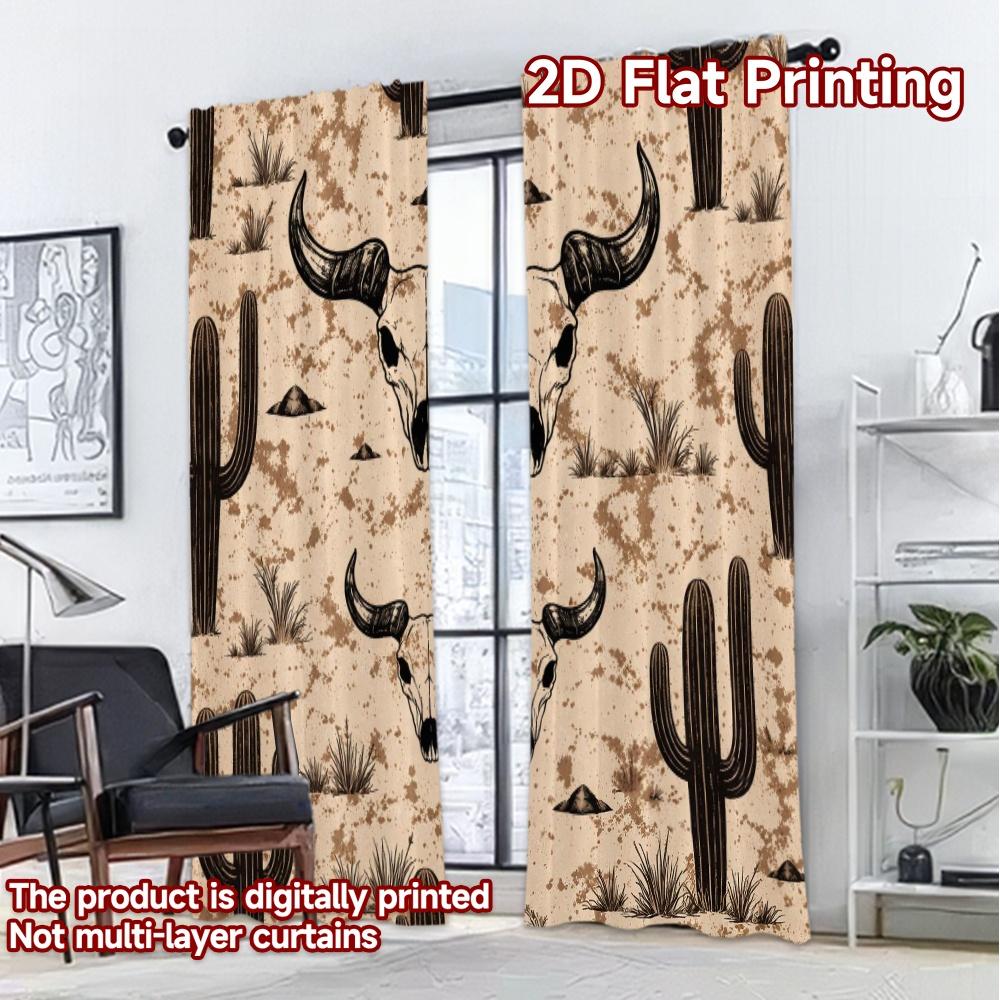 2D FLAT PRINTING 2pcs Curtains (Without Rod) Cactus and Skull Desert Light Filtering Popular Curtains Machine Washable Fabric