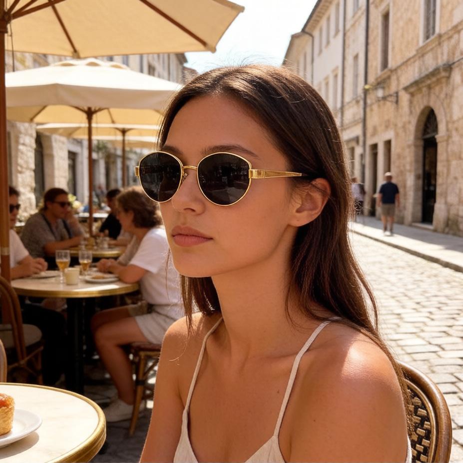 New sunglasses European and American cat's eye metal oval frame sunglasses women's fashion trendy plain flat glasses