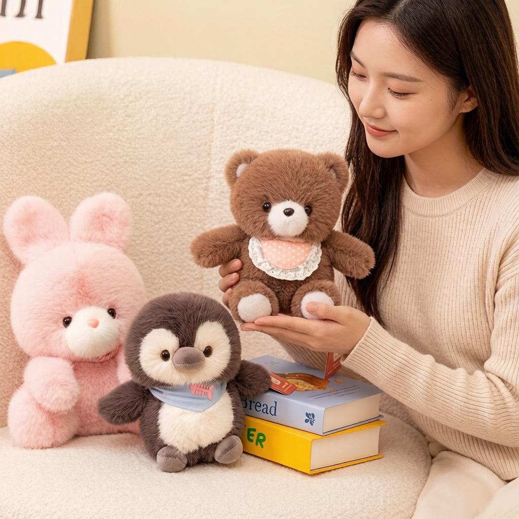 23Cm Bib Sitting Cartoon Animals Plush Toy Stuffed Panda Rabbit Penguin Chick Bear Doll Appeasing Sleeping Friend Gift