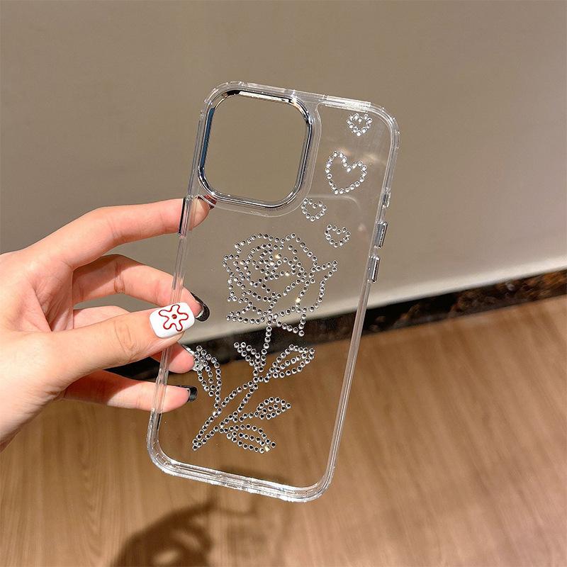 Transparent Feng Shui Diamond Rose Mobile Phone Case For Iphone16 Light Luxury Apple 17Promax Soft