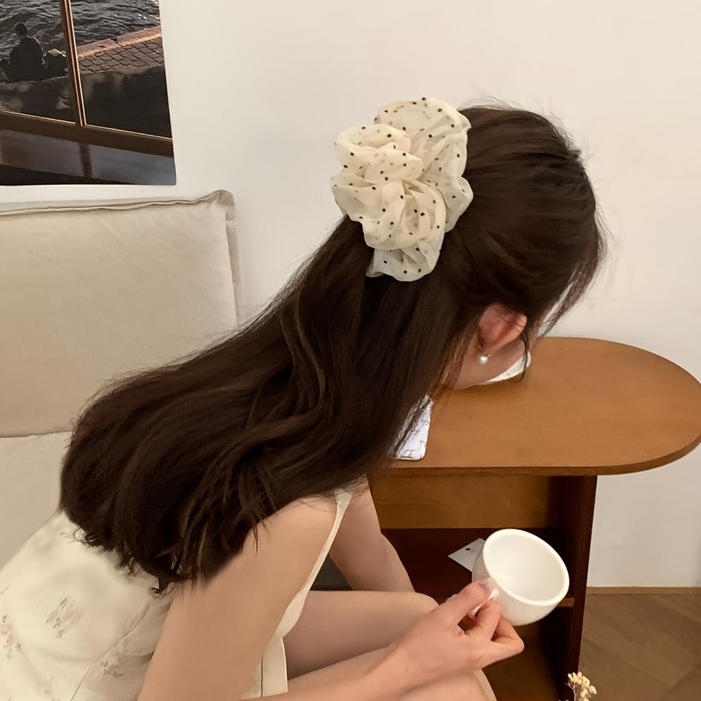 Elegant Cream Polka Dot Mesh Hair Scrunchie for Women - Soft, Breathable, Non-Slip Headband with Floral Design, Perfect for Daily Hair Accessory