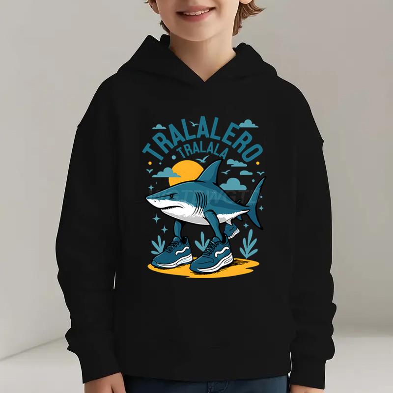 KidsCasual HoodedPullover Sweatshirt,Eye-catching Funny Shark Character Retro Sunset Print,Soft Fabric, Suitable For Kids Daily And Weekend Activities