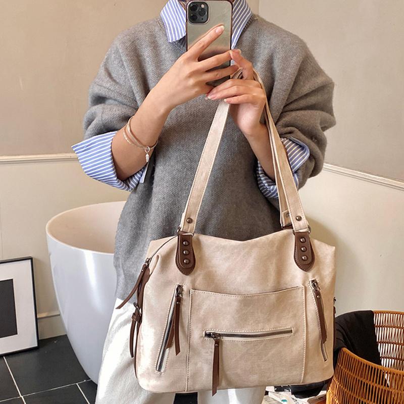 Yogodlns Zipper Tote Bag Solid Color PU Leather Large Capacity Shoulder Bag Minimalist Style Shoulder Bag for Women Daily Commute Use