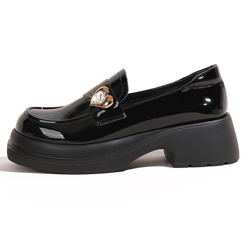 Black platform women's early spring new versatile British small leather shoes rhinestone deep mouth one pedal single shoes