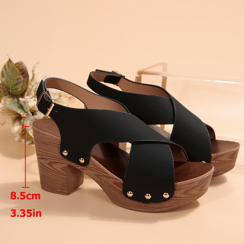 Women's Solid Color Stylish Sandals, Platform Crisscross Buckle Walking Chunky Heels, Studded Casual Daily Footwear