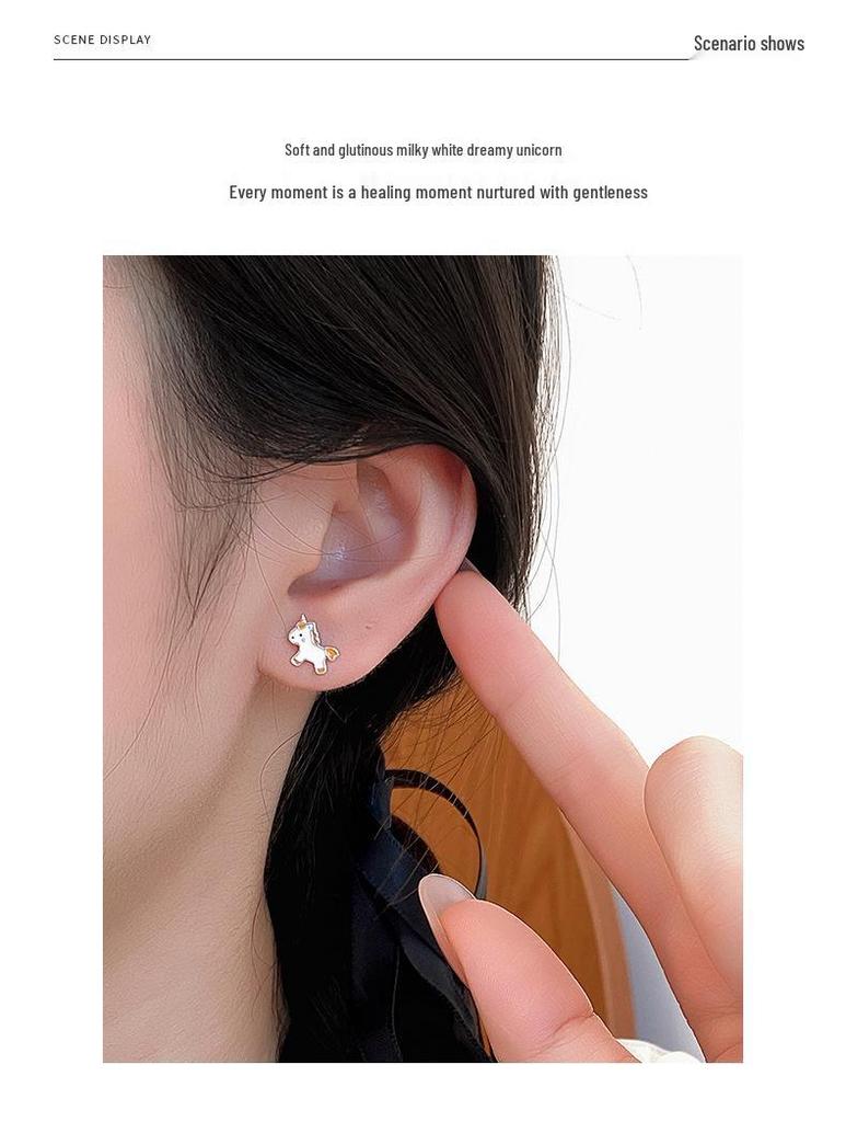 Charming Unicorn Pony Stud Earrings: Women's 999 Pure Silver Gift