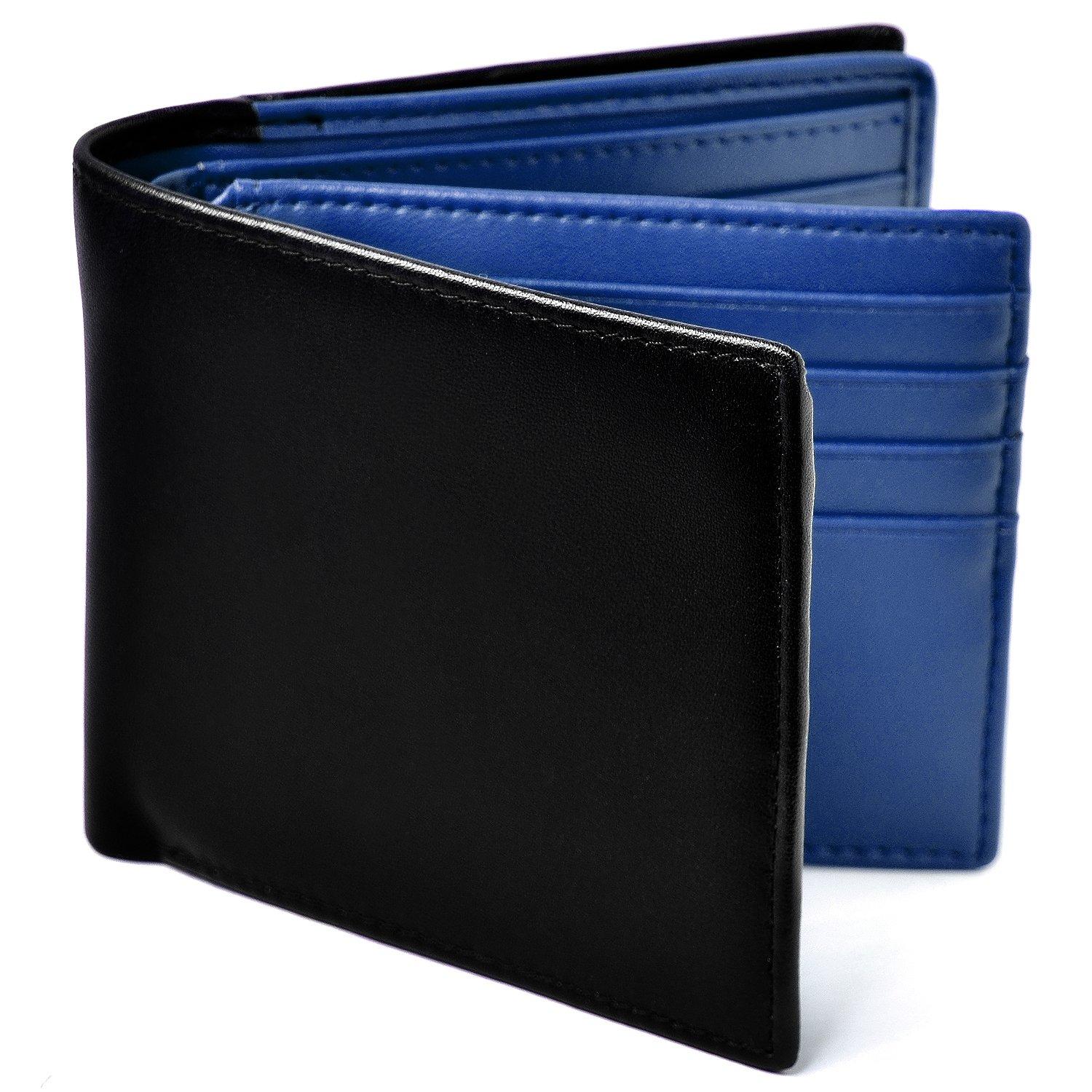 

Les Lire Men s Bifold Wallet, Genuine Leather, Large Capacity, Holds 18 Cards, Newly Designed Box-Shaped Coin Purse (Black x Blue)