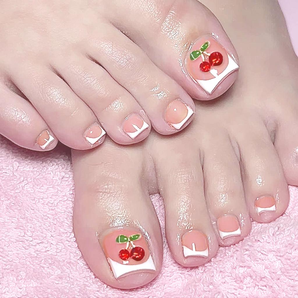 French Edge Rhinestone Red Cherry Fake Toe Nails 24 Pieces Per Box