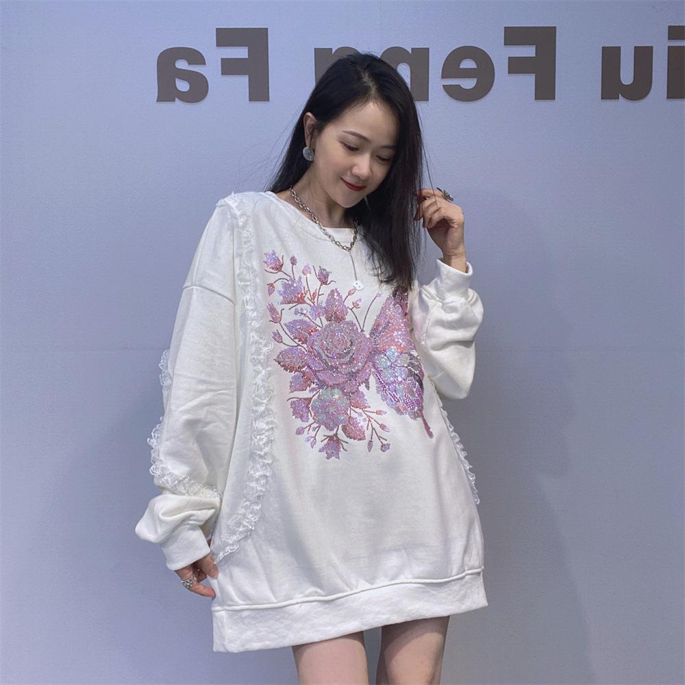 

Повседневный стиль Свитшот большого размера с круглым вырезом для женщин Свободный пуловер Топ для осени и зимы Куртка со стразами One Size белый