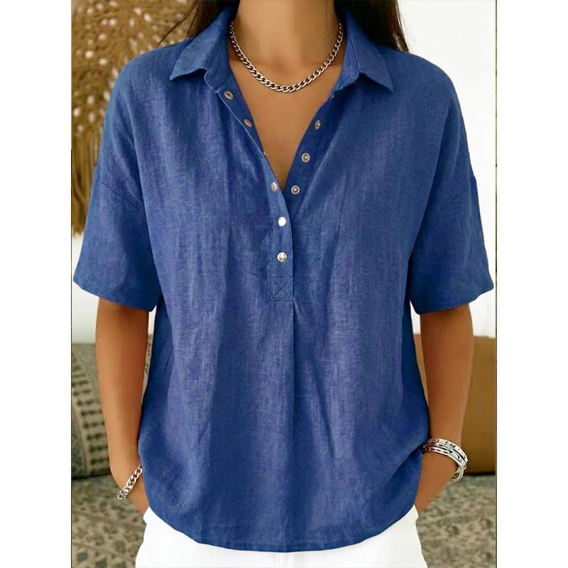 Womens Casual Solid Color Short Sleeve Linen Blend Shirt