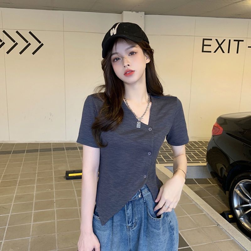 

Женская футболка с короткими рукавами и v-образным вырезом нестандартной формы, летний облегающий короткий топ Sweet Spicy Girl для девочек XL темно-серого