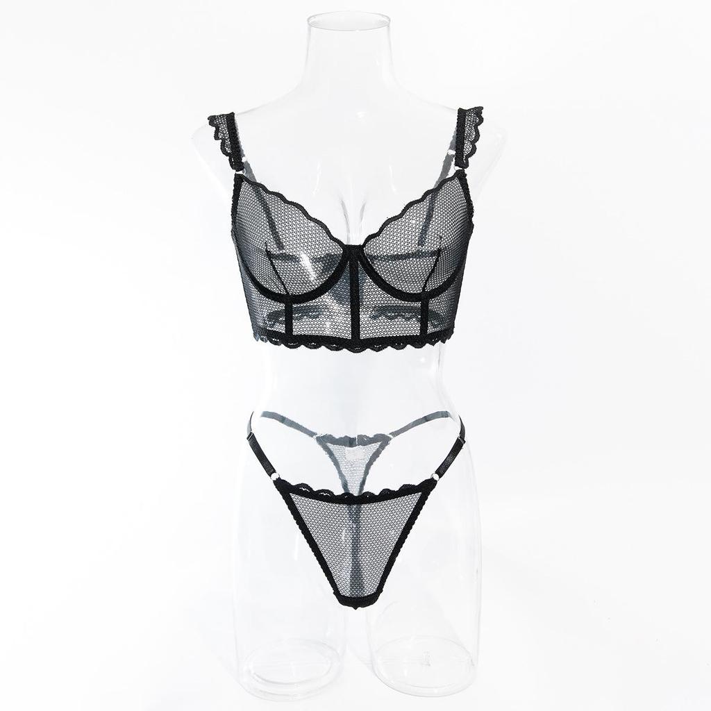 Set European & American Sexy Fishbone Mesh Crop Top & Chilot Tangă cu Dantelă – Confortabil, Elastic, Modelator Transparent
