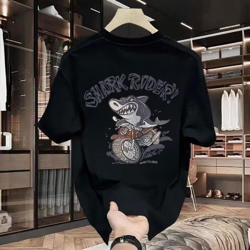 Men Cartoon Shark Print Crew Neck Short Sleeve Casual Cotton T Shirt Top S чёрный