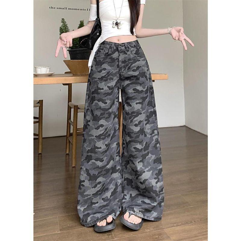 Small Retro Loose Feeling Distressed Camouflage Pants Female Popular This Year High Waist Straight-leg Cargo Jeans Mop Pants