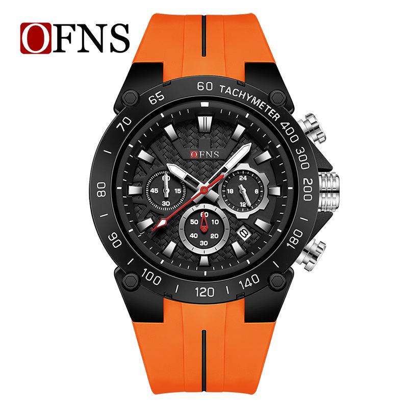 Oufanny Men's Fashionable Multifunctional Waterproof Quartz Watch with Calendar, Three Dials, Six Hands, and Cool Color Blocking