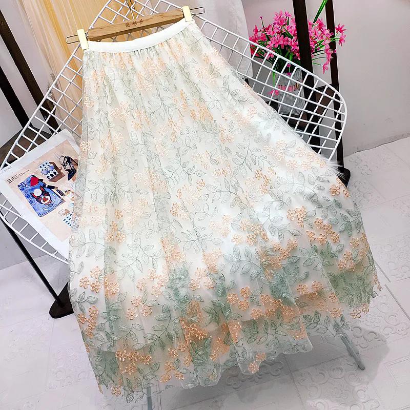 

WTEMPO Women Embroidery Four Seasons Lace Patchwork A-line Tulle Skirts Elastic High Waist Loose Solid Color Casual Long Pleated Skirts One Size бежевый