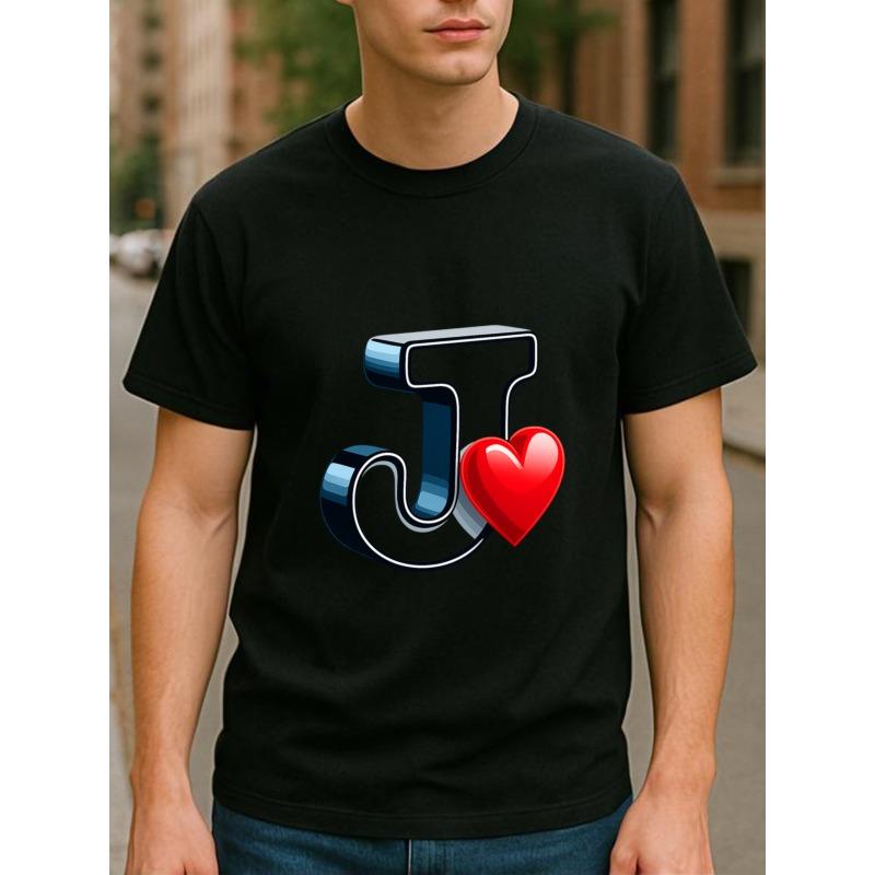 

European sizes J Letter Heart Design Men s Printed Short-sleeved T-shirt, Pattern Printed T-shirt for Men, New Breathable Men s Clothing 4XL чорний