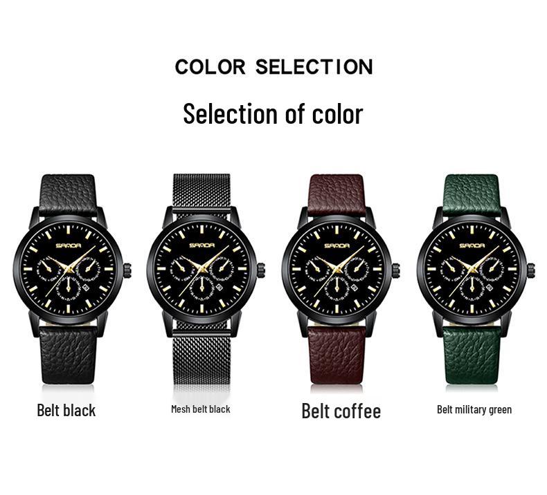 Sanda Quartz Three-Eye Six-Hand Watch: Fashionable, Simple, Leather Strap, Waterproof, Men's & Women's Calendar Watch.