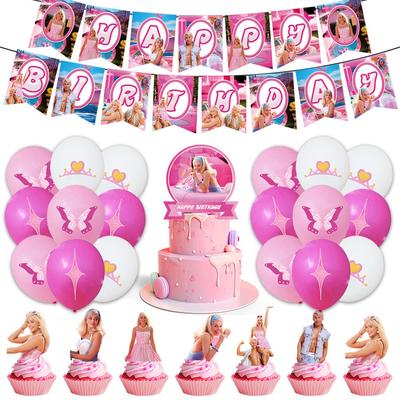 44ks Dekorace na tématickou párty Barbie zahrnují Banderolu, Balónky, Topper na dort