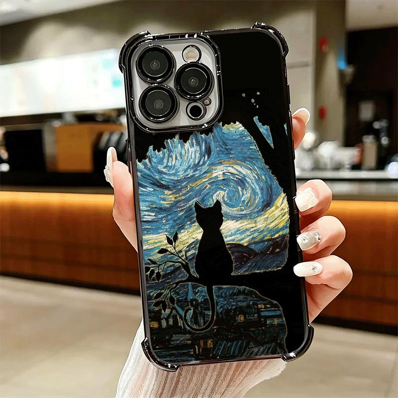 Black Cat Aesthetic Pattern Plating Phone Case For Iphone 16 17 Pro Max Air 16E 14 15 Plus 12 13 Mini Anti-Fall Airabag Cover