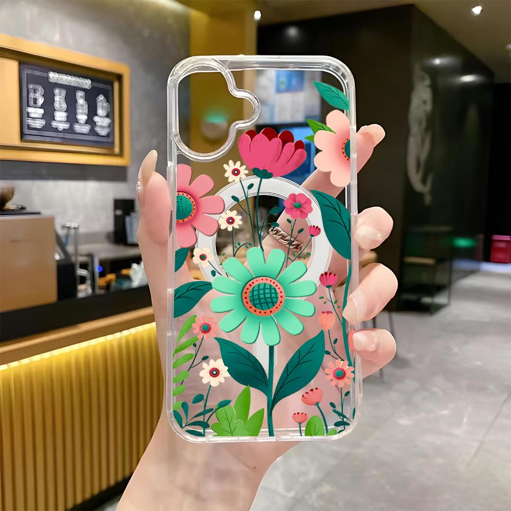 Ins Internet Celebrity Same Contrasting Color Green Sunflower Safflower iPhone12 Mobile Phone Case Apple 17Pro Magnetic Transparent Case 16pm