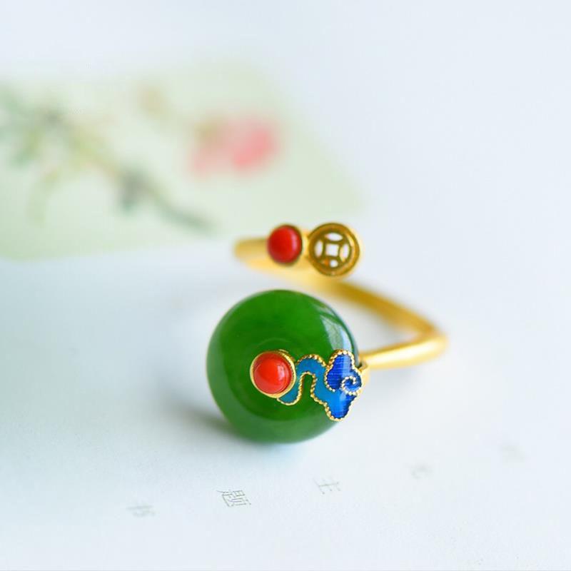New Designer Original Ingot Natural Hetian Jade Opening Adjustable Ring Chinese Retro Light Luxury Charm Women'S  Jewelry