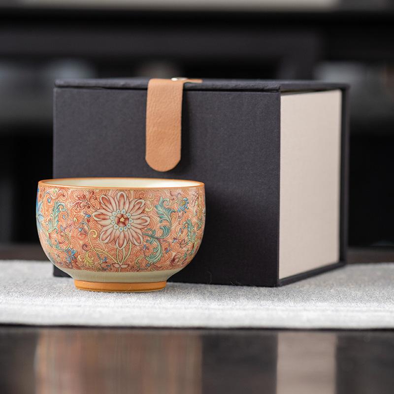 Enamel full color Ru kiln master teacup light luxury retro tea set cup gift box hardcover high-end father teacher gift