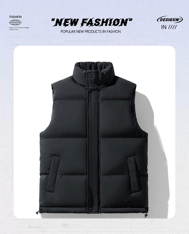 Men's Winter Stand Collar Quilted Vest Waistcoat - Solid Color, Warm, Sleeveless, Thickened Cotton Coat