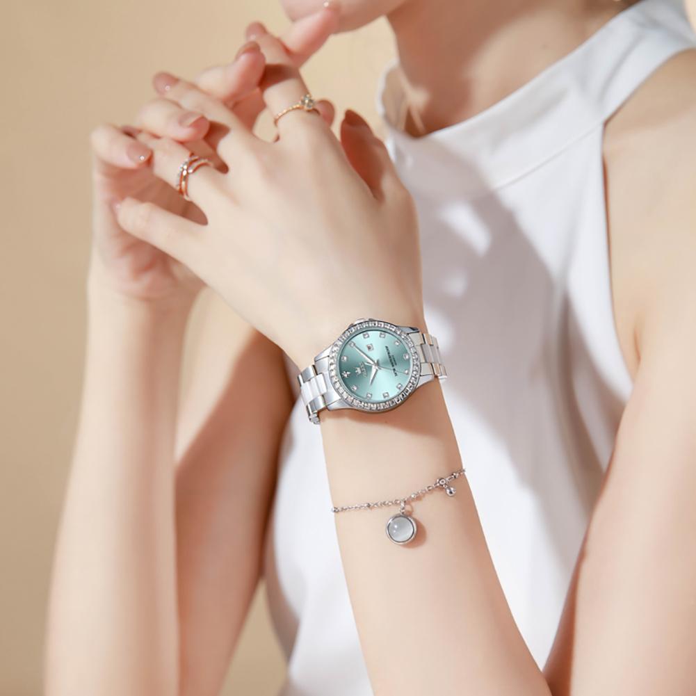 OLEVS Quartz Wristwatch Elegant Luxury Ceramics Strap Waterproof Auto Date Diamond Bezel Watch for Women
