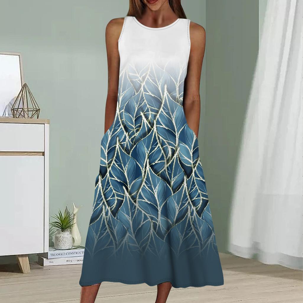 

Летнее модное сексуальное платье без рукавов, мягкое повседневное платье с принтом листьев в 3D-стиле с золотистыми краями, платье без рукавов на бретельках XL тёмно-синий
